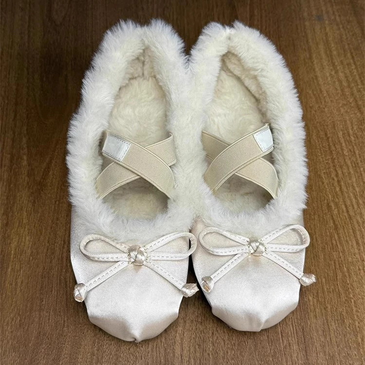 

Butterfly Knots Sweety Girls Plush Shoes Round Toe Slip On Flat Mary Janes Shoes Winter Warm Casual Cotton Shoes