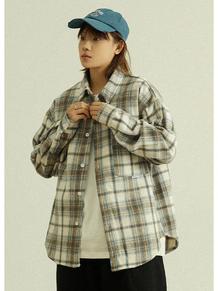Retro Japanese Style Long Sleeve Woolen Plaid Shirt Unisex Spring Autumn Loose Casual Versatile Workwear Shirt Coat