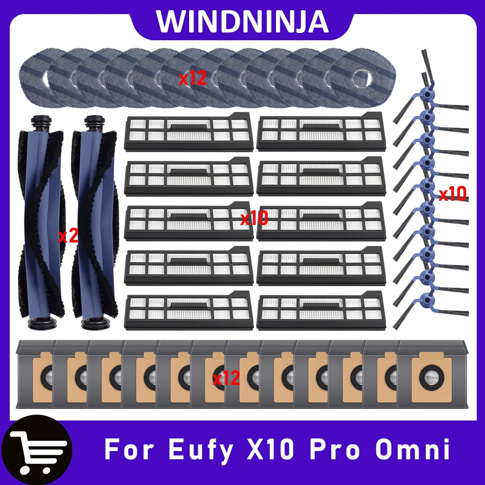 Kit for Eufy X10 Pro Omni Robot Vacuum Accessory Roller Brush Side Brushes HEPA Filters Dust Bags Mop Pads Replacement Parts