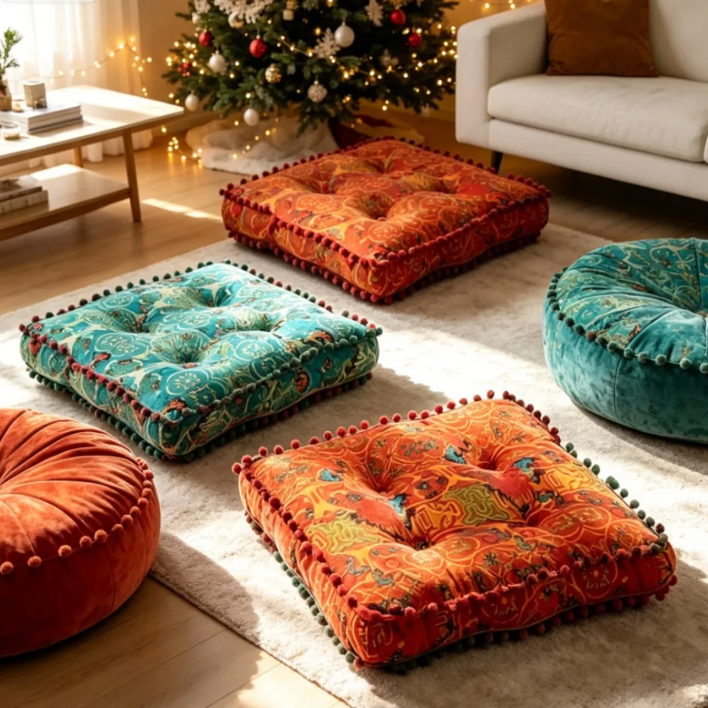 Bohemian Floor Square Seat Cushion with Pompom 40x40cm Thickened Linen Moroccan Tatami Mat Pillow for Home Decor Christmas Gift