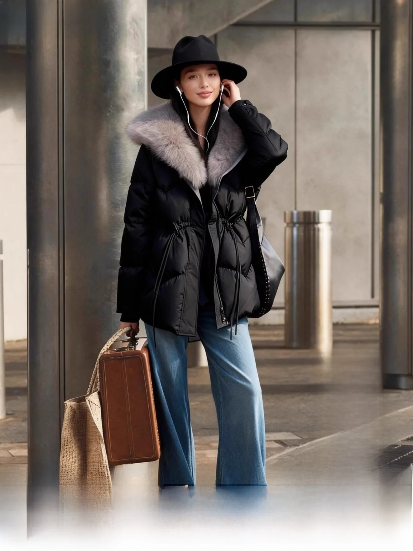 

Пуховик Kyoto Snow Cheese с натуральным меховым воротником, утепленный, средней длины, с регулировкой талии, на 90% из белого утиного пуха, модель 732