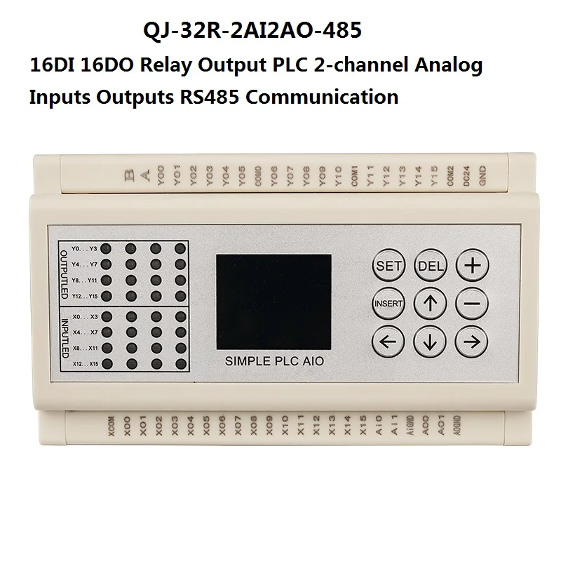 Huaqjingjun 16DI 16DO Relay Output PLC 2AI 2AO 0-20mA 0-10V RS485 Modbus RTU QJ-32R-2AI2AO-485 PLC for Automation