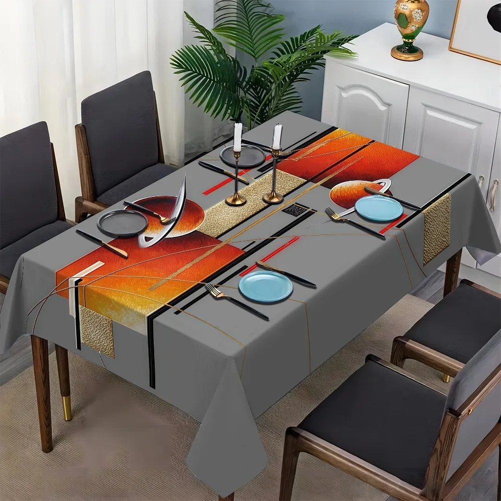 1pc Modern Geometric Planet Line Art Tablecloth in Gray And Orange, Suitable for Dining Room, Kitchen, Parties, And Festive Tabl