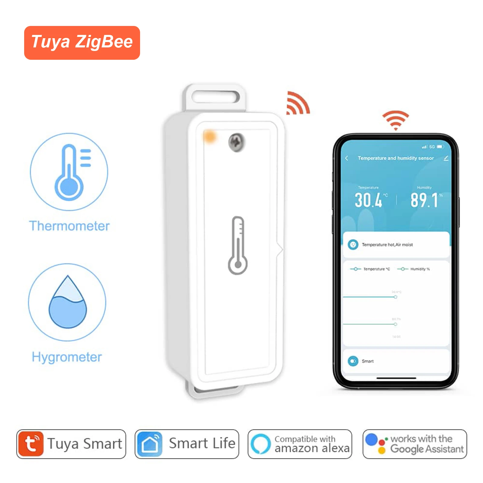 Sensore di temperatura e umidità ZigBee Tuya Smart Life Remote Intelligent Scene Linkage Voice Google Assistant Alexa