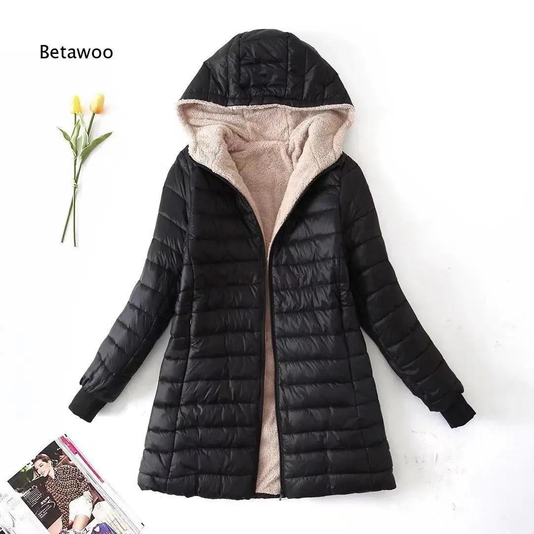 Mid length hooded coat for women slim fitted design fleece lined outerwear warm lamb fleece lining for autumn and winter daily