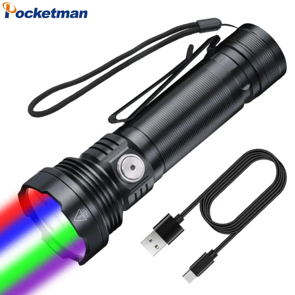 5 in 1 Multicolor LED Flashlight Type-C USB Rechargeable 10 Modes RGB UV Light Flashlights Outdoor Emergency Torch