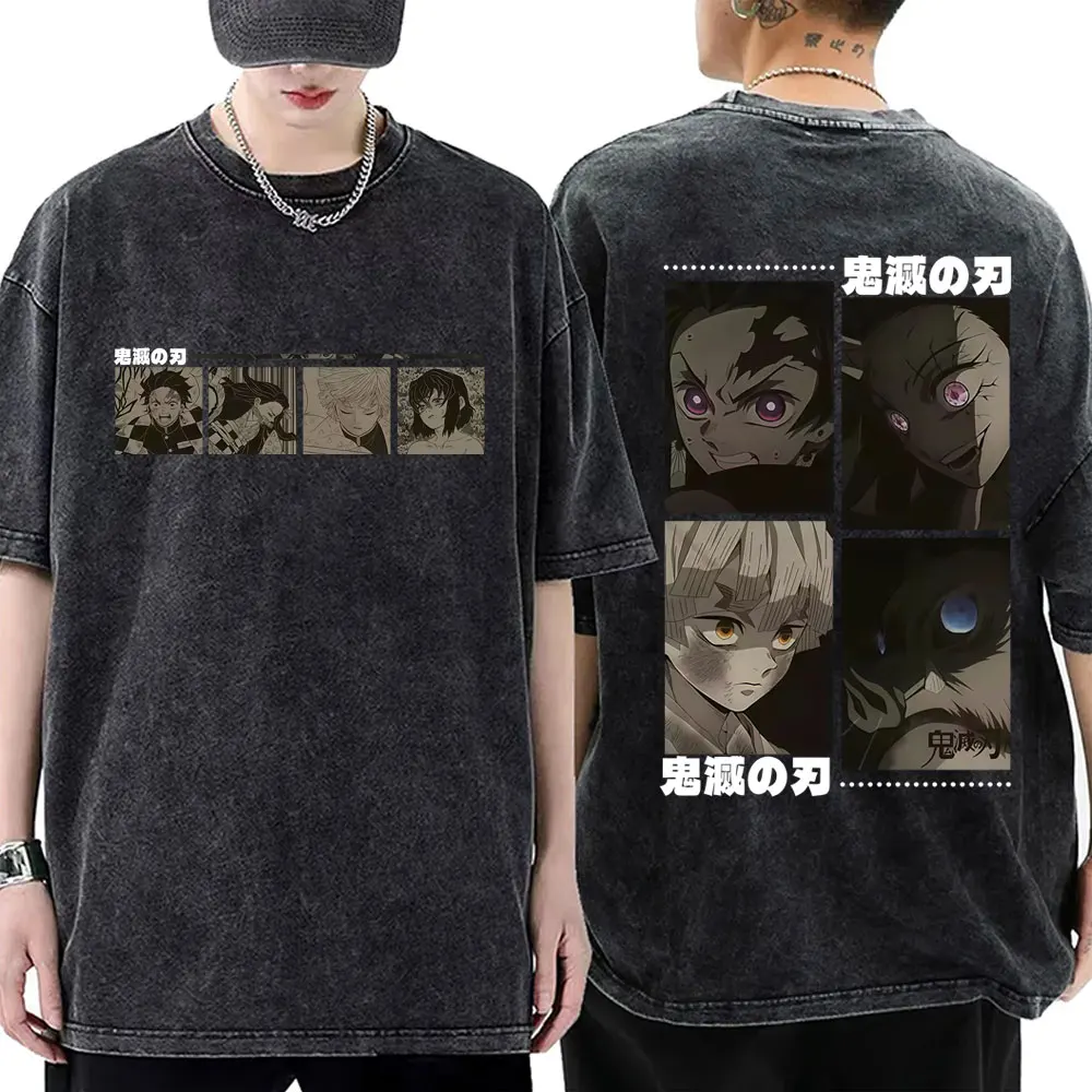 

Anime Demon Slayer Kamado Tanjirou Kamado Nezuko Agatsuma Zenitsu Hashibira Inosuke Washed Vintage T Shirt Men Oversized T-shirt