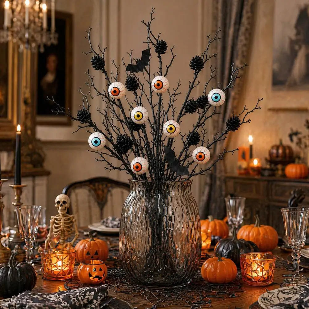 Halloween Artificial Branch Halloween Decoration Branch Halloween Black Artificial Branches with Eyeball Picks Bat Pine Cone