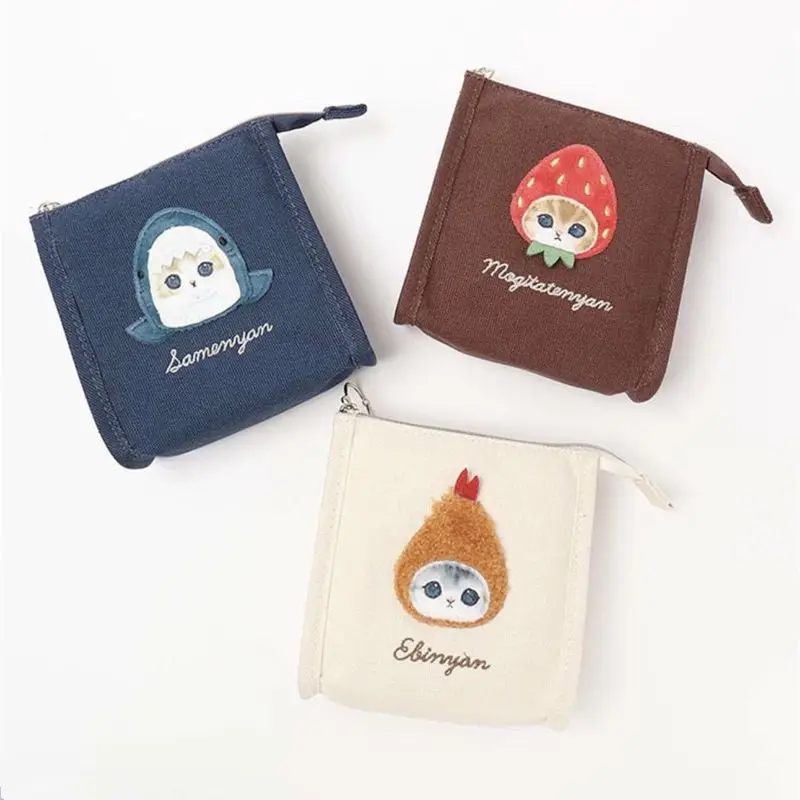 

Fashion Cute Embroidered Shark Cat Canvas Small Square Bag Multifunctional Portable Storage Wallet Coin Purse Gift