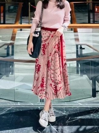 SAC Japanese 2026 summer print pattern pleated skirt elastic waist mid-length skirt