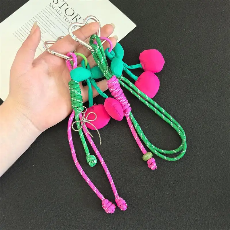 Abnehmbarer herzförmiger Perlen-Schlüsselanhänger aus Stoff mit Kirsche, Handykette, Anti-Verlust-Lanyard