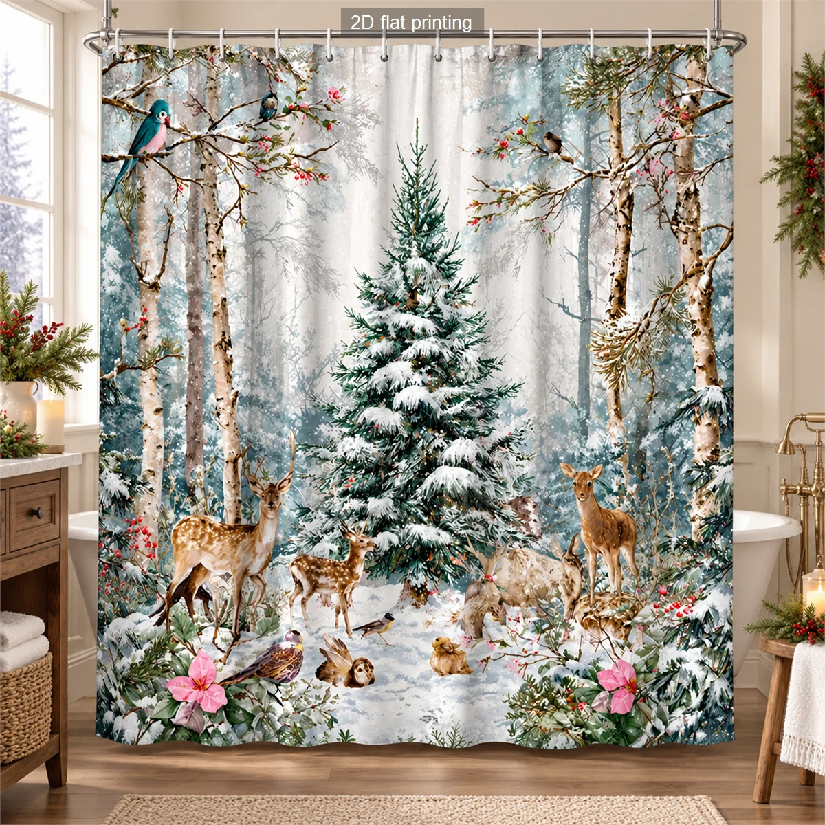 Winter Forest Floral Abstract Print Polyester Shower Curtain Bathroom Decor Bathtub Curtain with Hooks Multiple Designs