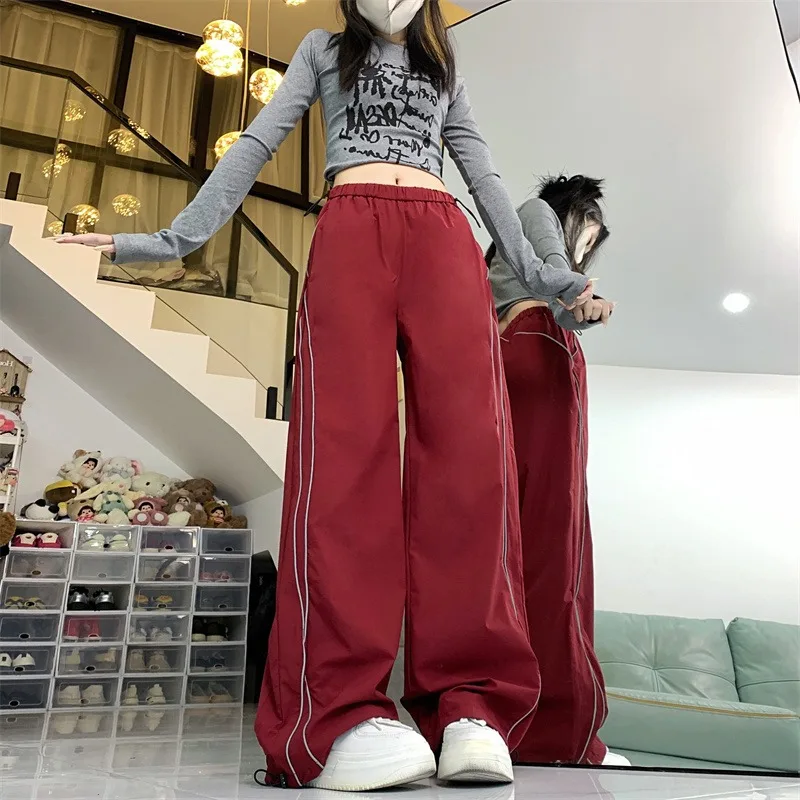 

Splicing Casual Pants Women 2024 Spring and Autumn New Straight Leg High Waist Full Length Loose Drawstring Leg Pants Female