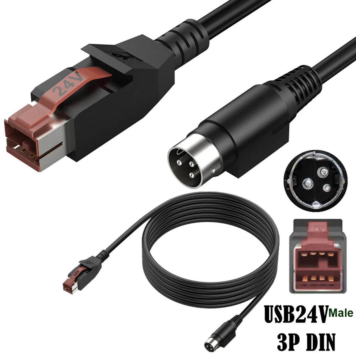 1pc 24V 5V 12V for IBM Epson POS System USB Powered to Hosiden DIN 3 Pin 3P Scanner Printer Power Adapter Connector Cable Cord