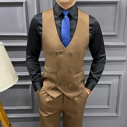 Men's Double Breasted Vest Spring New Slim Sleeveless Formal Suit Vest Gray Black Fashion Men's Business Casual Suit Vest 3XL-M