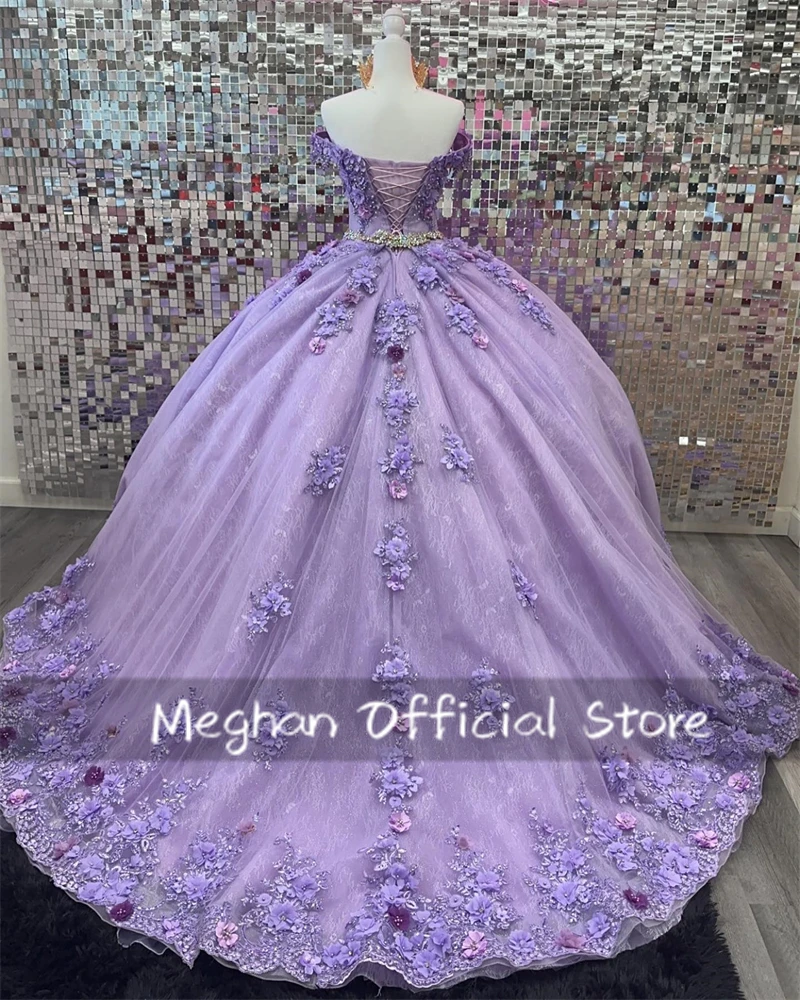 

Lavender Off Shoulder 3D Flower Quinceanera Dresses Ball Gown Bead Appliques 2025 Birthday Luxury Dress Formal Gown Customized