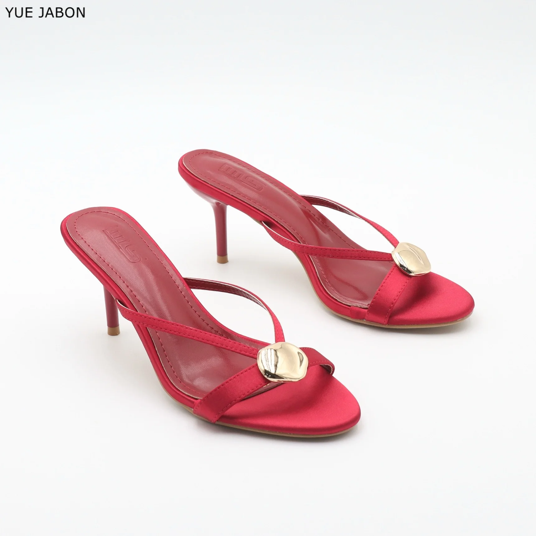 

Luxury red elegance banquet high heeled shoes black new metal decorative satin stiletto slippers fashion elegant women's shoes