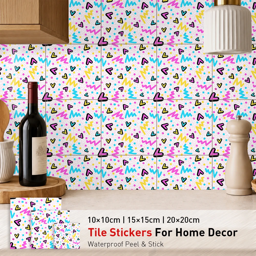 Vibrant Memphis Style Geometric Tile Sticker, Colorful Squiggle Heart Self Adhesive Wall Decal, Fun Retro Mural Decor