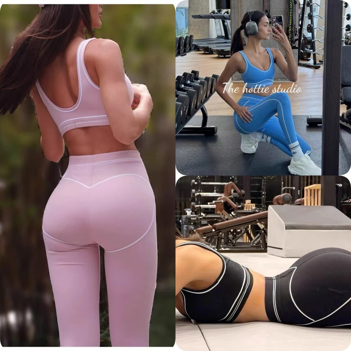 

LO Yoga Women Sport Set High Waist Tight Pants with Padded Bra Elastic Run Fitness Underwear Comfortable Breathable Pilates Suit