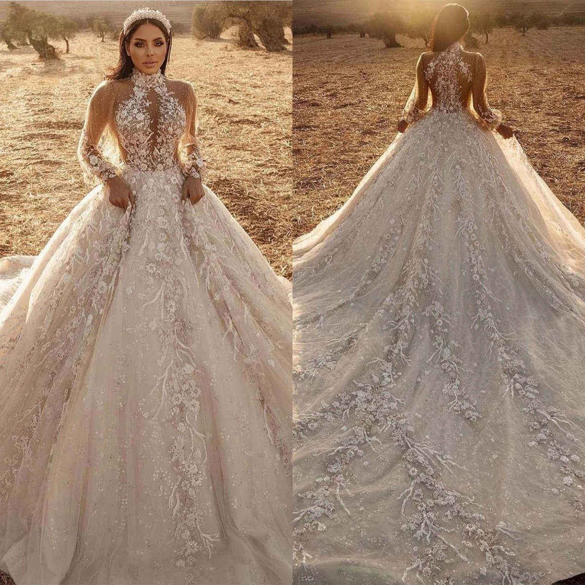 Gaun pengantin klasik gaun pengantin 3D-Floral Appliques renda ilusi gaun kapel Tulle ritsleting pengantin disesuaikan jubah De mariee