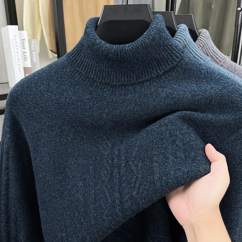 Men's Wool100% Autumn Winter Advanced Sweater 7stitches Jacquard High Neck Long Sleeves Sweater Fashion Innerwear Man Clothes