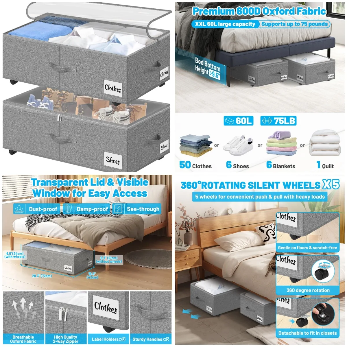 

2 упаковки ящика для хранения на колесиках под кроватью 10 дюймов, 60 л, с этикетками и прозрачной крышкой, серые