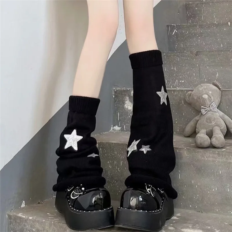 Y2k Subculture Jk Socks Women's Black Long Calf Socks Knitted Socks Star Leg Sleeves Hot Pile Socks Trendy