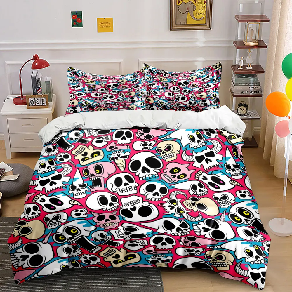 Cartoon Skull Pattern Background Printed Duvet Cover Set 1 Duvet Cover+2 Pillowcase Multi Size Bedroom Bedding Decor