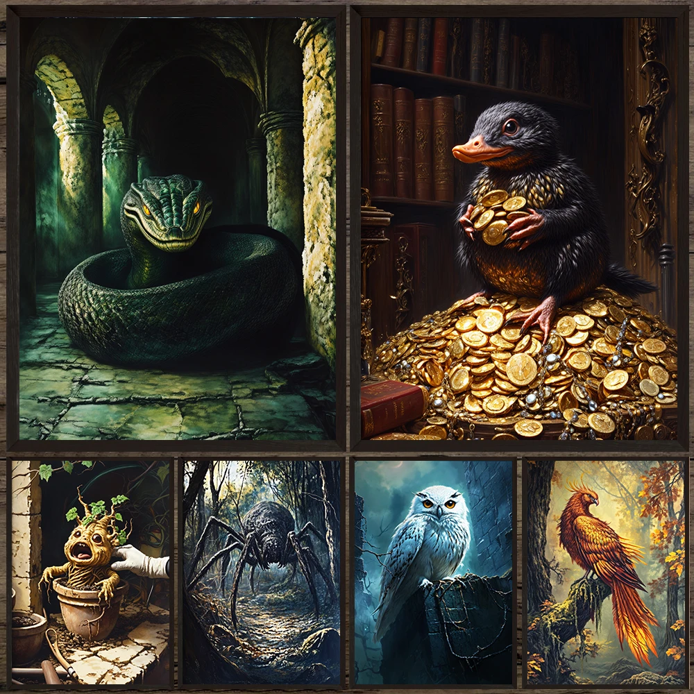 

Griffin,Snowy Owl,Phoenix,Magic Creature Art Poster Print,Wizarding School Gothic Dark Academia Wall Art Canvas Painting Decor