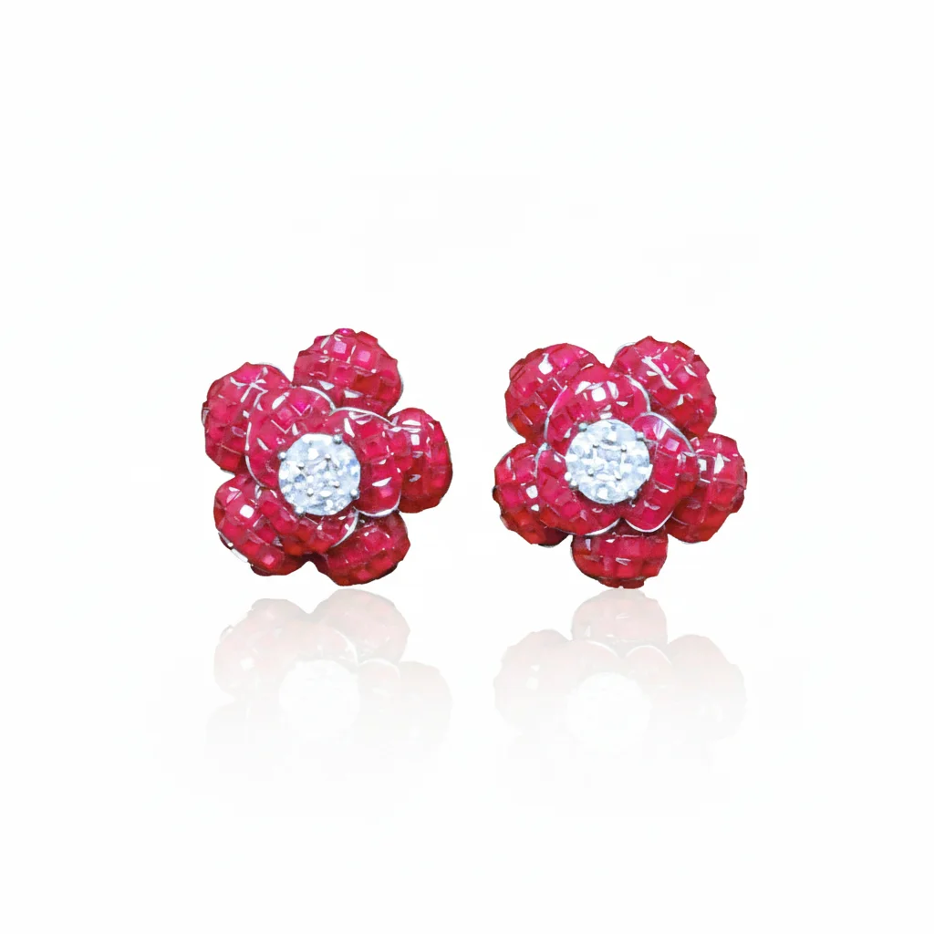 Luxury Flower Design 925 Sterling Silver Mystery Set Clip-on Earrings Lab Grown Ruby Vintage Fine Jewelry for Women's Daily Wear