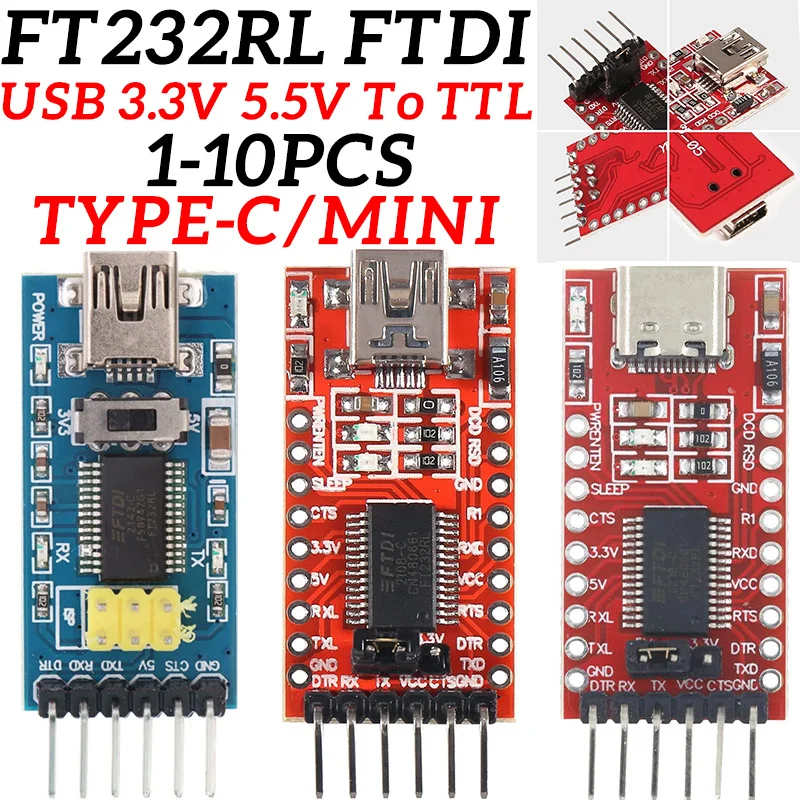 XZG FT232RL FT232 FTDI USB 3.3V 5.5V to TTL Serial Adapter Module for Arduino FT232 Pro Mini /Type-C USB TO TTL 232 1-10PCS
