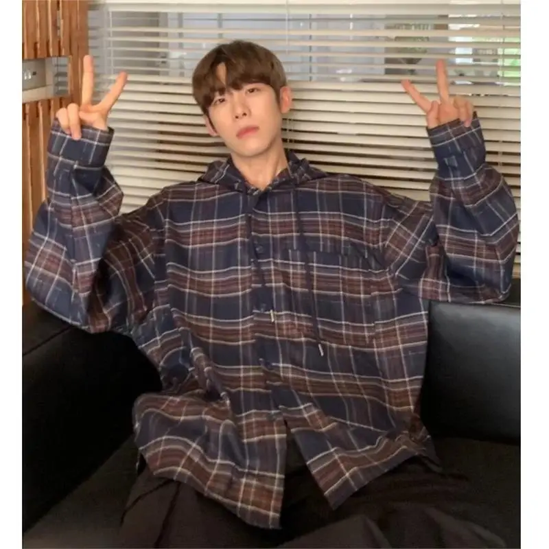 

Summer Large Size 250 Pou Retro Color Blo Plaid Long Sve Men's Casual irt Street Sle Loose Fit Polyester Spring