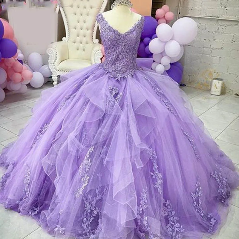 ANGELSBRIDEP Luxury Lilac Quinceanera Dresses Big Bow Back 3D Flowers Ruffles Vestidos De 15 Anos Birthday Princess Ball Gown