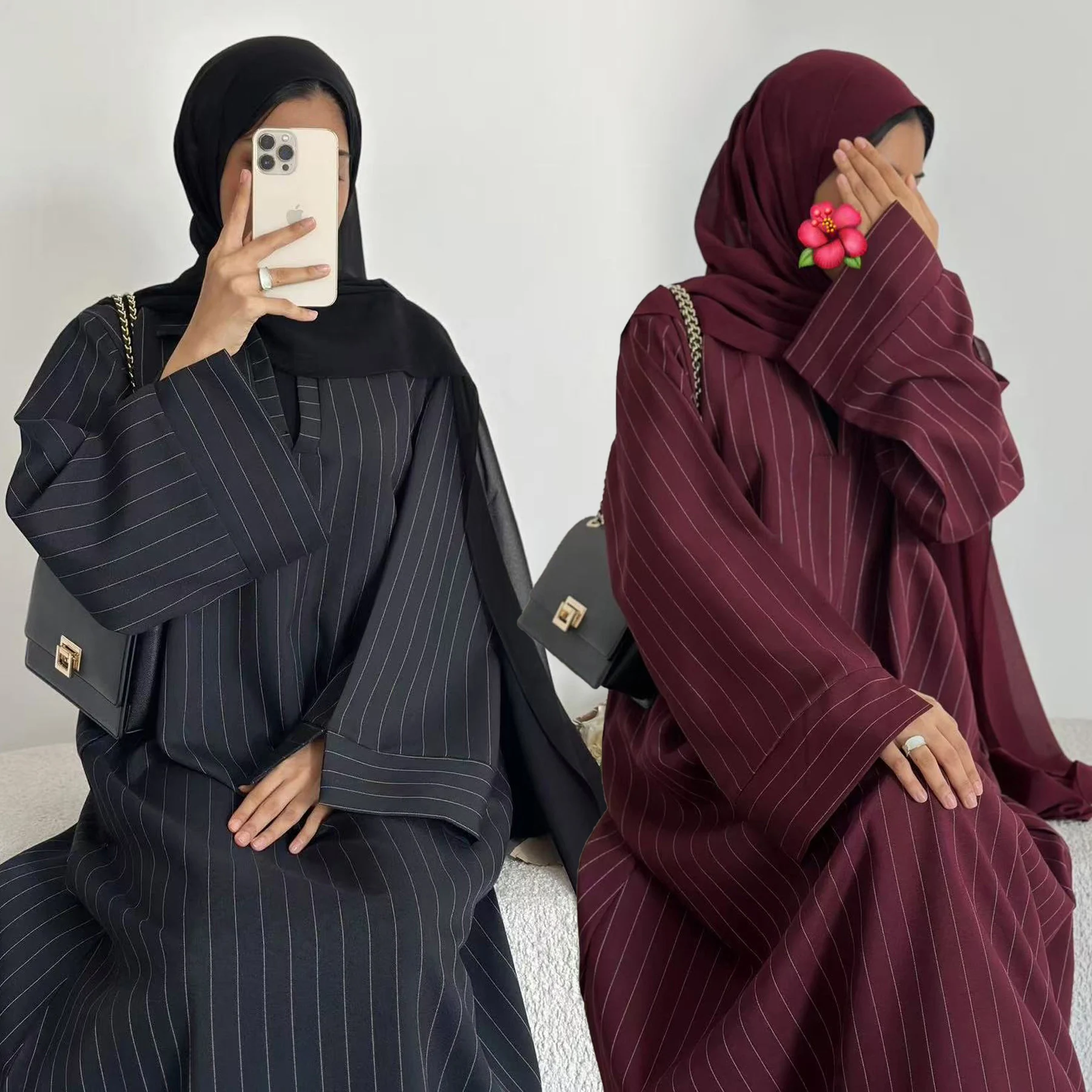 Spring/Autumn Casual Relaxed-Regular-Fit Pinstripe Wide A-Line V-Neck Twill Muslim Abaya Women Dress Islam Modest Hijabi Robe