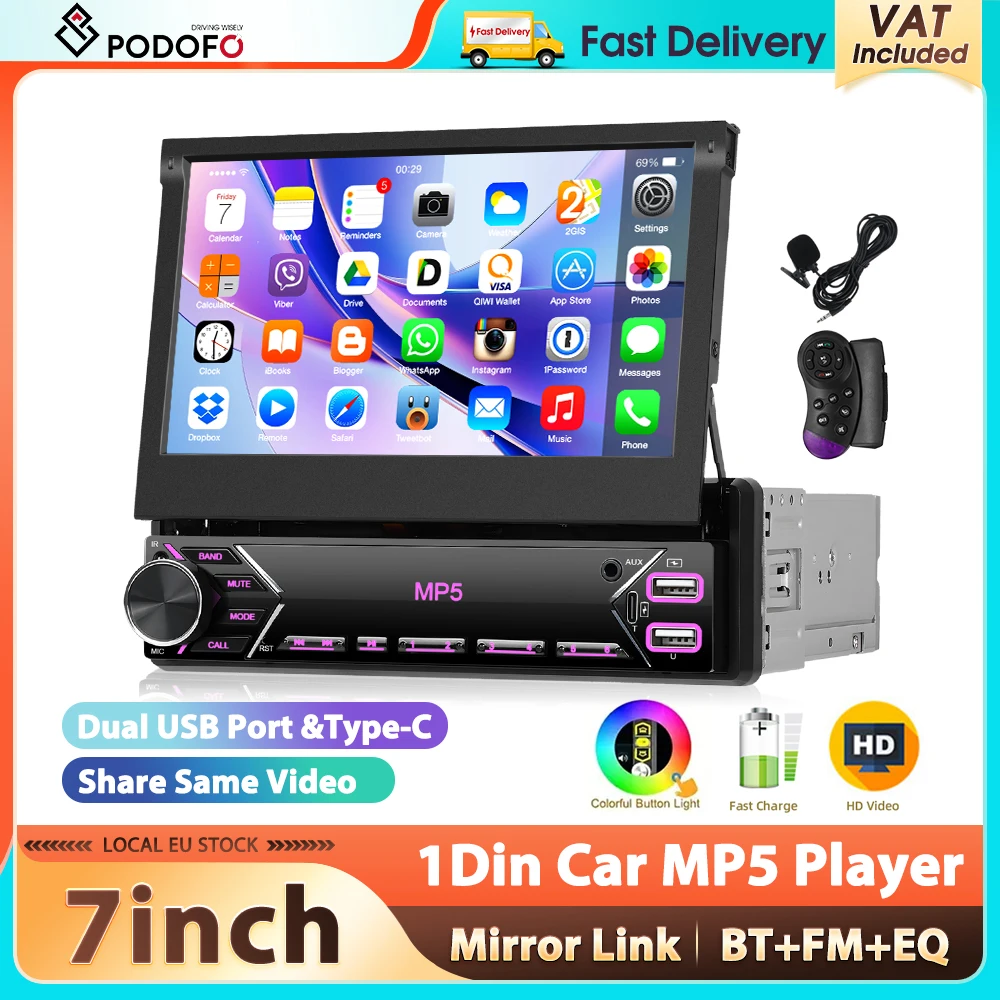 Podofo 1Din Autoradio 7'' Ausfahrbarer Bildschirm Mirror Link MP5 Multimedia-Player Bluetooth FM Mehrfarbige Beleuchtung Typ-C EQ-Sound Auto-Stereoanlage