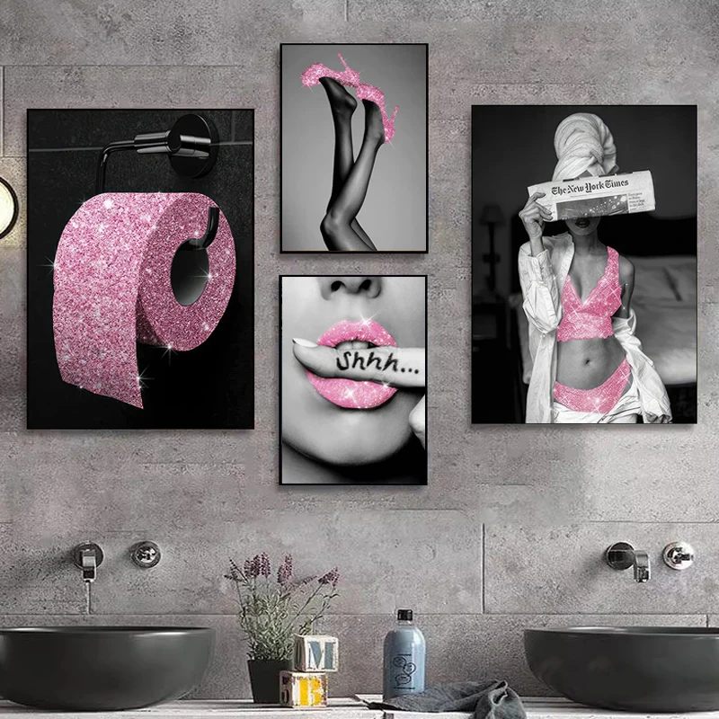 Black and Pink Toilet Posters Fashion Pink Woman Canvas Paintings And Prints HD Pictures For Washroom Bathroom Decor Frameles