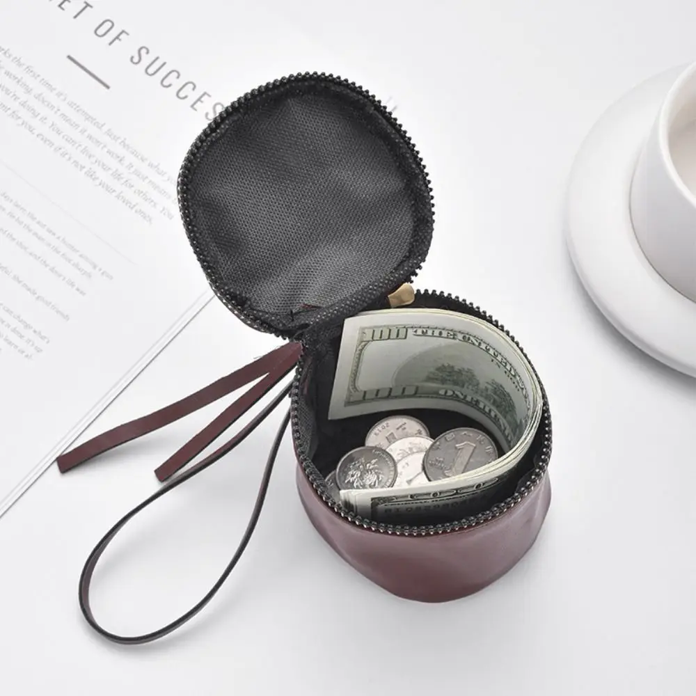 Vintage Leather Mini Coin Purse Zipper Closure Round Shape Earbuds Storage Pouch Portable Key Bag Small Item Storage