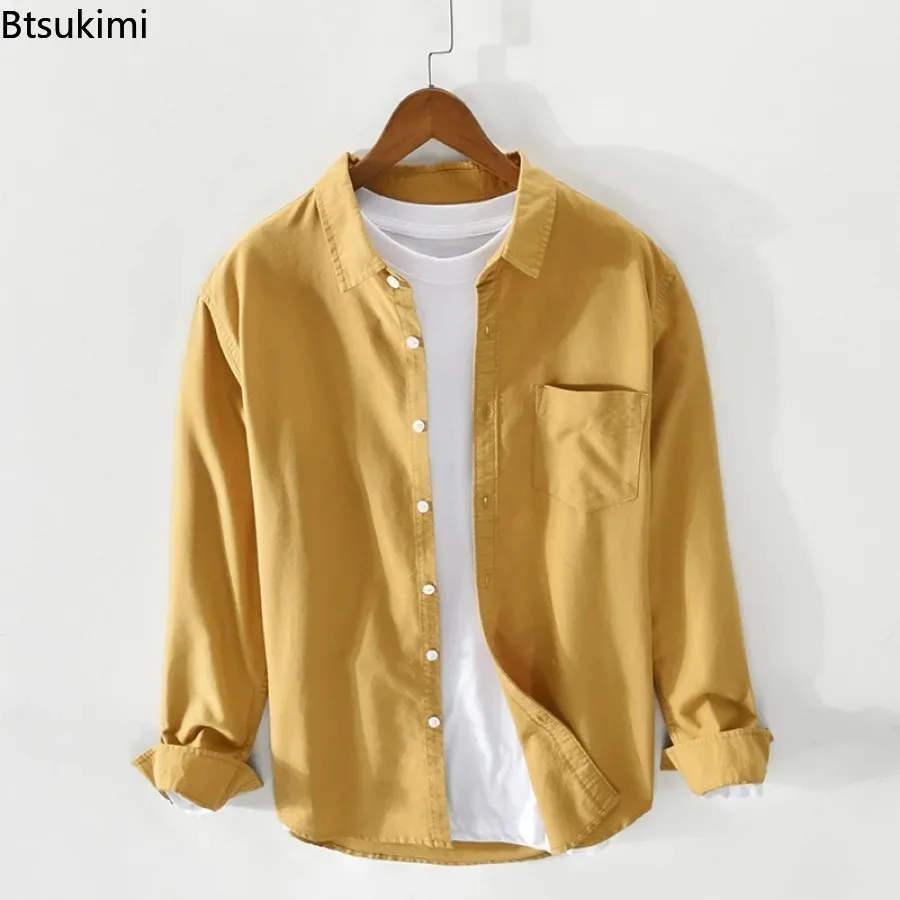 

2026 New Men's Oxford 100% Cotton Long-sleeved Shirts Simple Casual Solid Color Loose Shirt Coats Men Breathable Cardigan Blouse