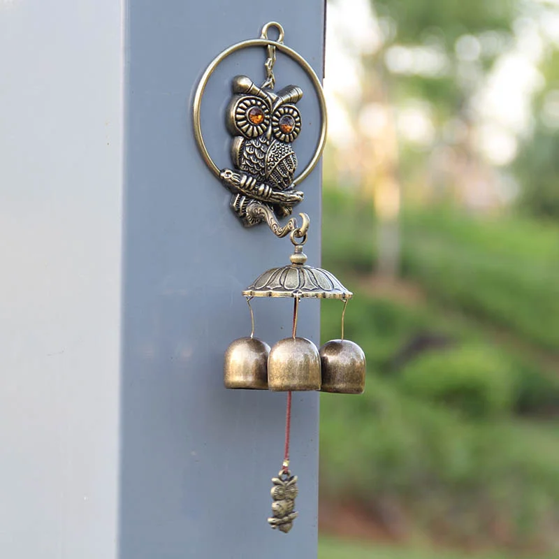 New owl household wall hanging bronze three bell metal self-priming doorbell home decoration mascot Feng Shui wind bell