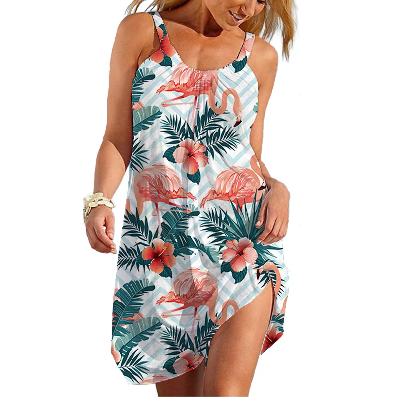 Summer New 3D Printed Flamingo Beach Dress Hawaiian Sexy Dress with Backstrap Sleeves Loose Casual Home Women\'s Clothing