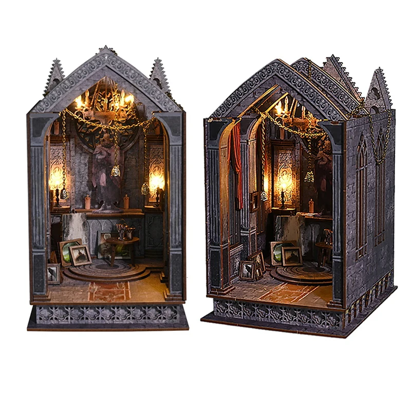 NEW DIY Book Nook Insert Kits Wooden Miniature Building Kit Gothic Architecture Bookend Bookshelf Home Decoration Friends Gifts