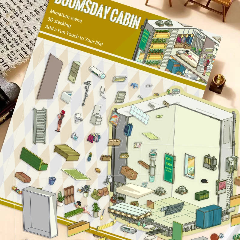3 uds motosierra laboratorio maníaco, cabina de Doomsday DIY pegatinas de paisajismo escena apilamiento y pegado pegatinas de cuenta de mano