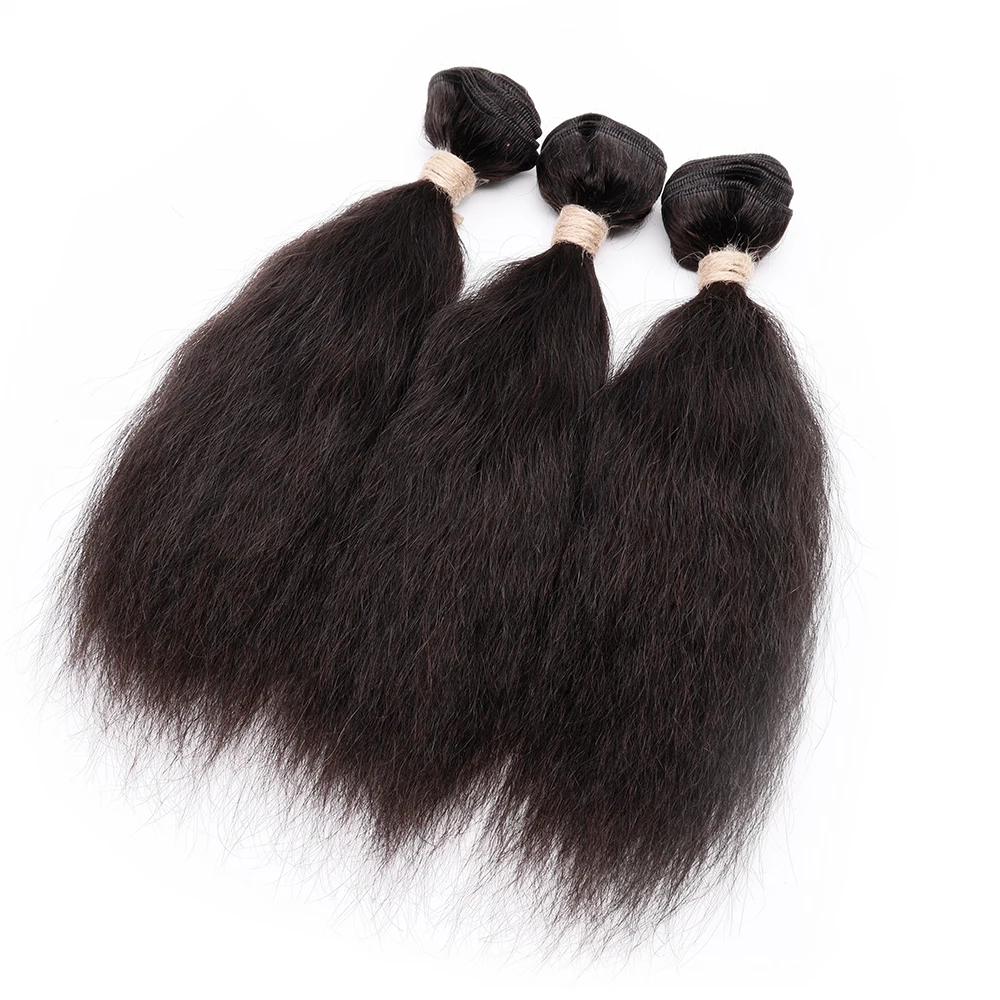 Short Kinky Straight Human Hair Bundles With Centre Closure Brazilian Afor Yaki Straight Bundles with Closure