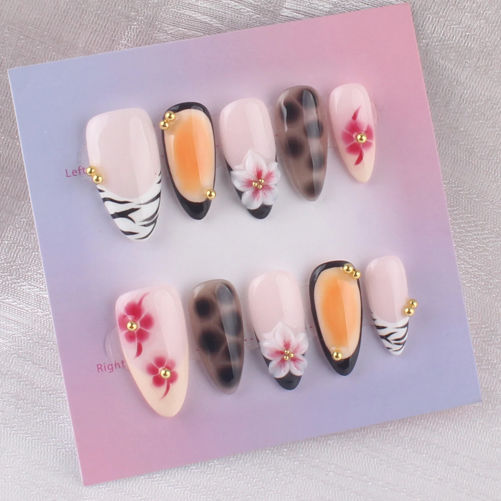 

10 шт., пресс для ногтей ручной работы, 3D миндальный французский наконечник с цветочным узором, коричневая точка, розовые глянцевые ногти