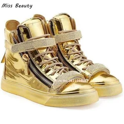 Golden Mirrored Leather Crystal Strap Band Unisex Casual Shoes Lace Up High Top Shoes Flats Chaussure Men and Women Sneakers