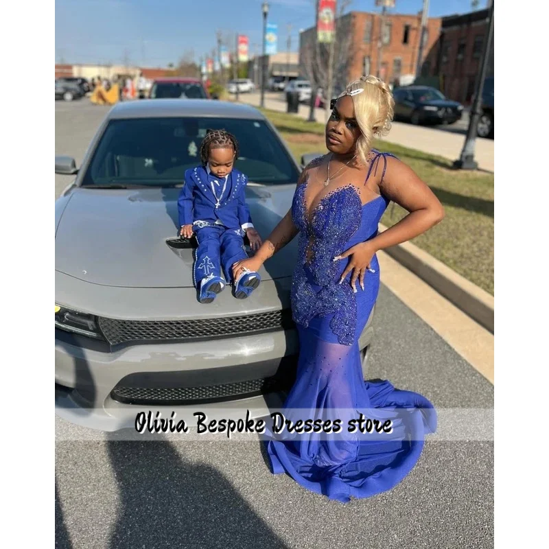 Personalizado glitter azul real sereia vestido de baile preto meninas rendas apliques cristal frisado vestido de festa de aniversário