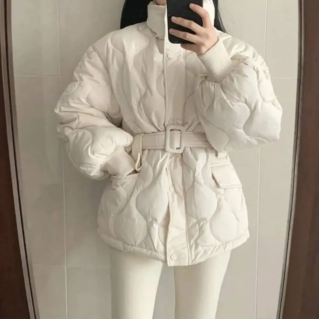 

Winter Warm Thick Coat 2025 New With Belt Stand Collar Cotton Padded Jacket Korean Loose Women Parka Outwear