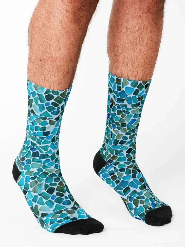 Calcetines de Arte de mosaico de cristal marino para hombre y mujer, medias de escalada, colores azules