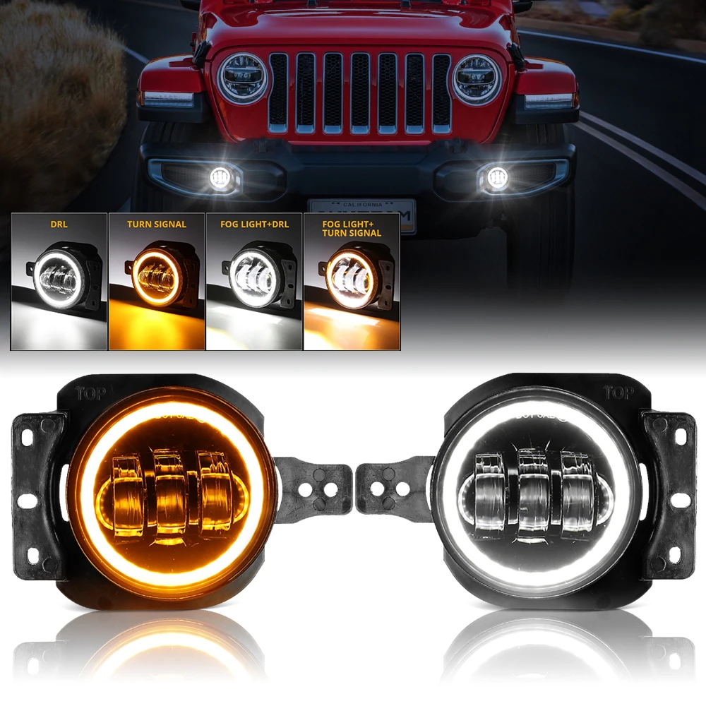 

60W LED Front Fog Lights DRL with Wire Harness & Mounting Bracket With Halo Ring Angel Eyes for Jeep Wrangler JL 2018-2022
