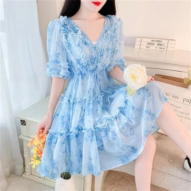 2025 새로운 여름 쉬폰 드레스 여성 패션 인쇄 v-목 반팔 보헤미안 꽃 드레스 우아한 숙녀 파티 드레스